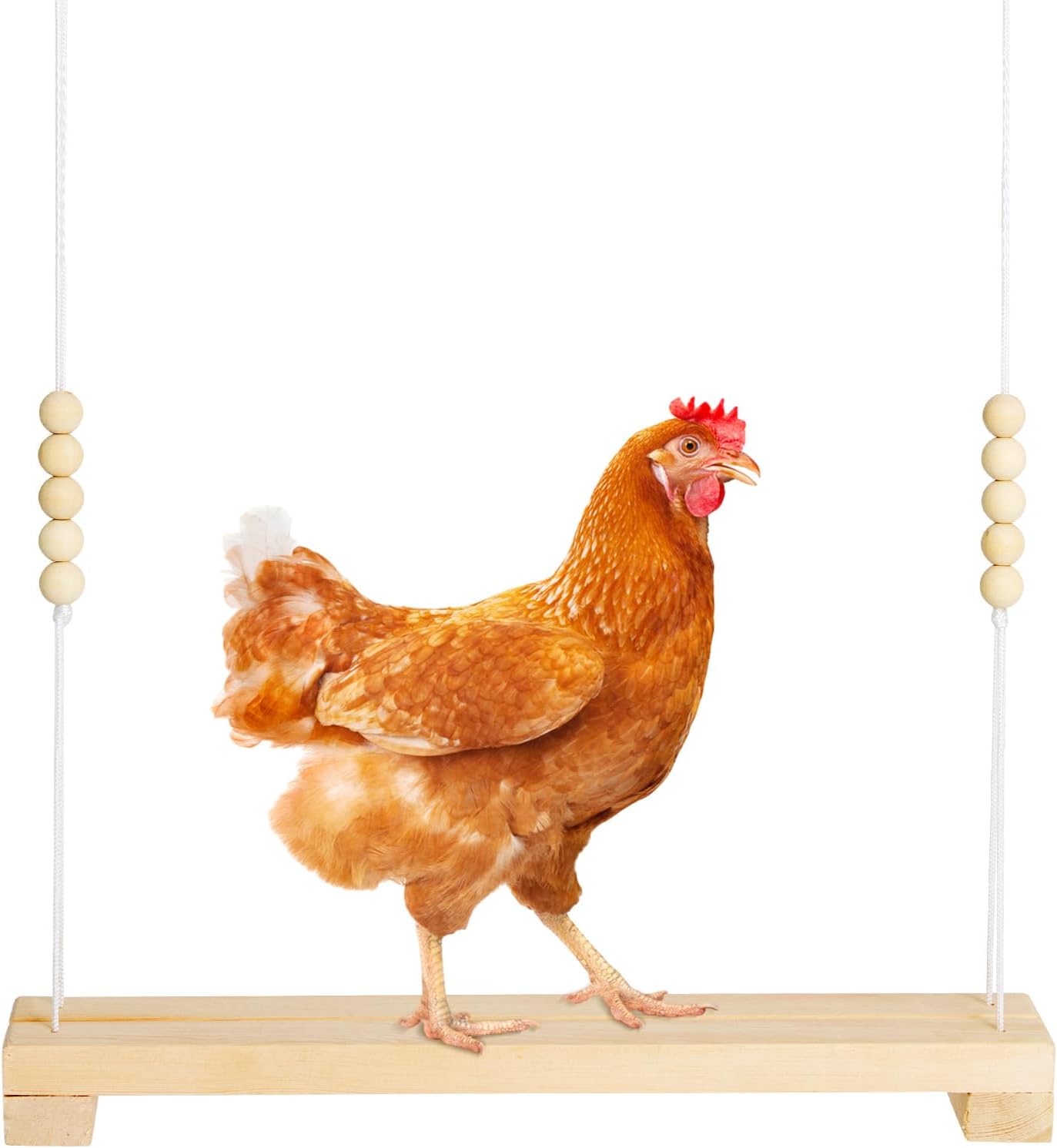 Jorewood 40cm Natural Wooden Chicken Swing Perch with Iron Monkey Decoration & Adurable Rope - Safe Poultry Toy for Hens, Birds with Wooden Beads & Durable Design